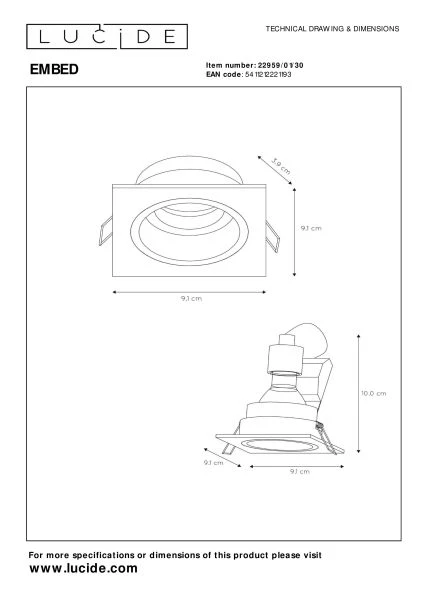 Lucide EMBED - Einbaustrahler - 1xGU10 - Schwarz - TECHNISCH